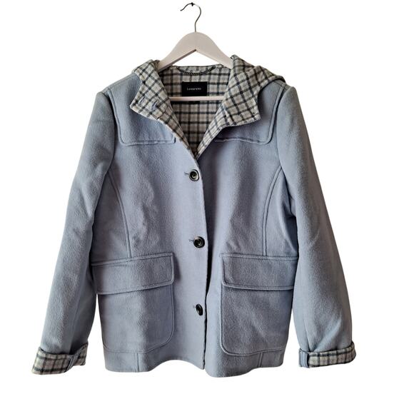 Lands' End Wool Blend Jacket Plaid Lined Hooded Coat Light Blue Women's Size 12 - Picture 1 of 10